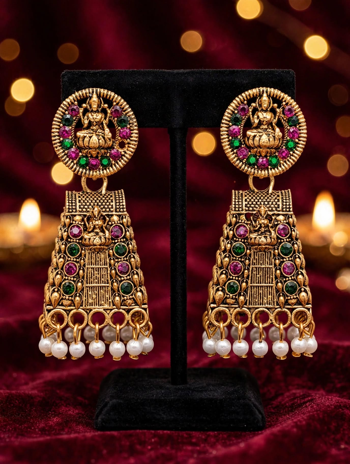 Temple Gopuram & Lakshmi Design White Beads Hanging Earing